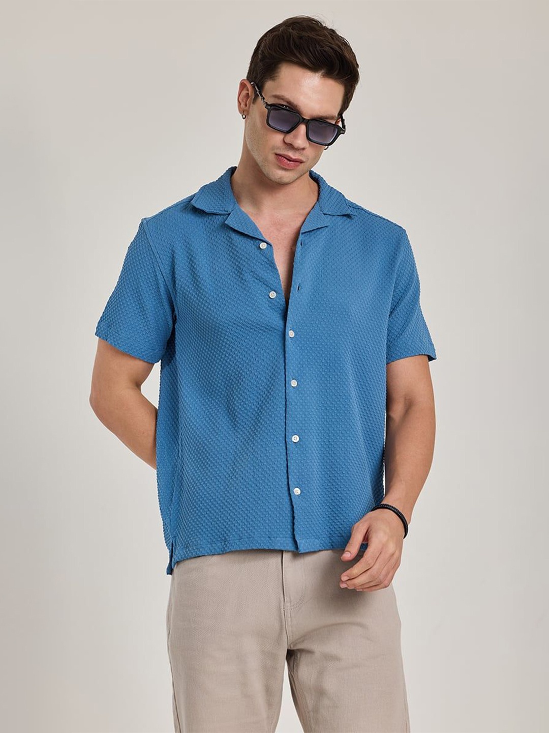 

Snitch Men Relaxed Cuban Collar Textured Casual Shirt, Blue