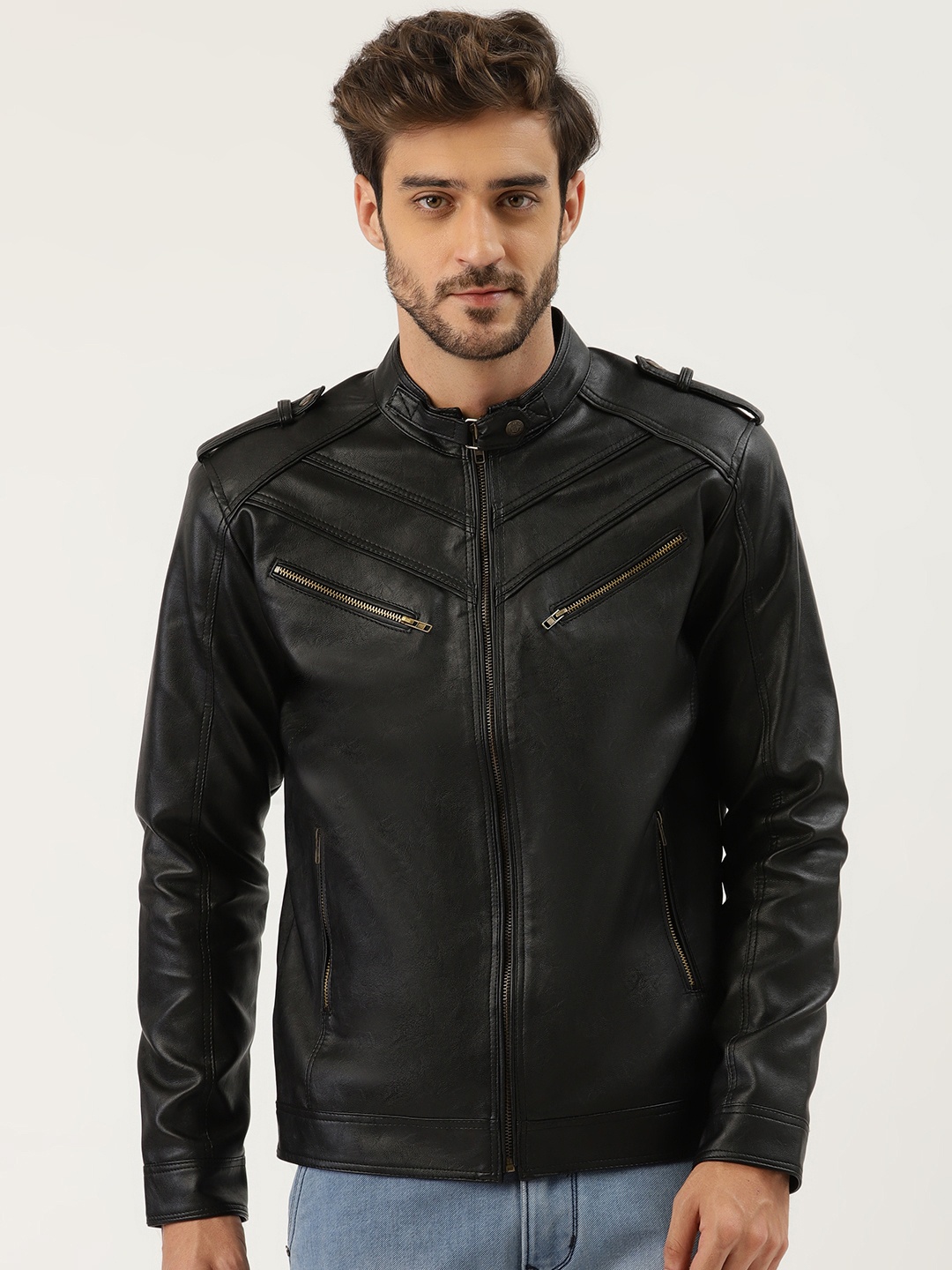 

Leather Retail Men Mandarin Collar Solid PU Casual Biker Jacket, Black