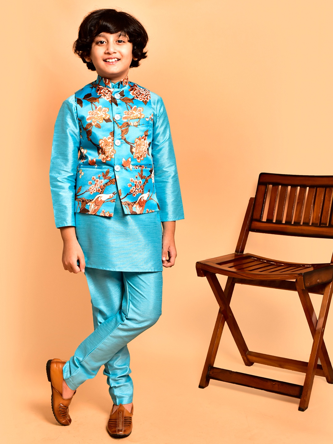 

PRINTCULTR Boys Mandarin Collar Straight Kurta with Churidar, Blue