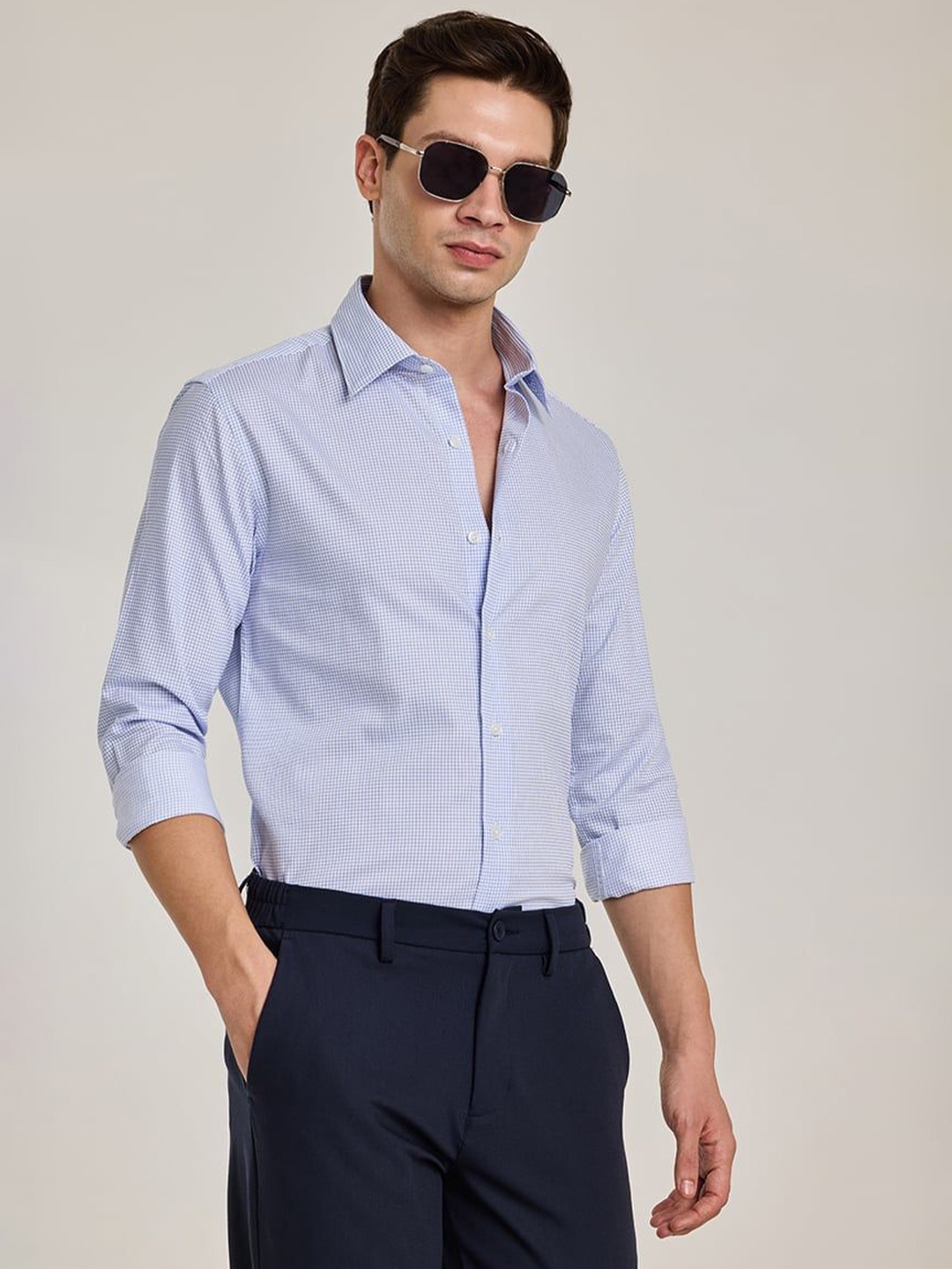 

Snitch Men Smart Spread Collar Micro Checked Cotton Slim Fit Formal Shirt, Blue