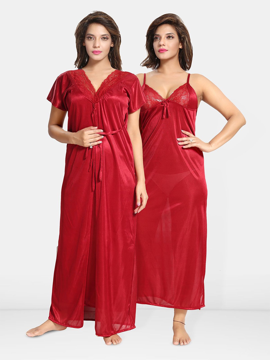 

Be You Women 2 pieces Satin Nighty with Robe Maxi Nightdress, Maroon