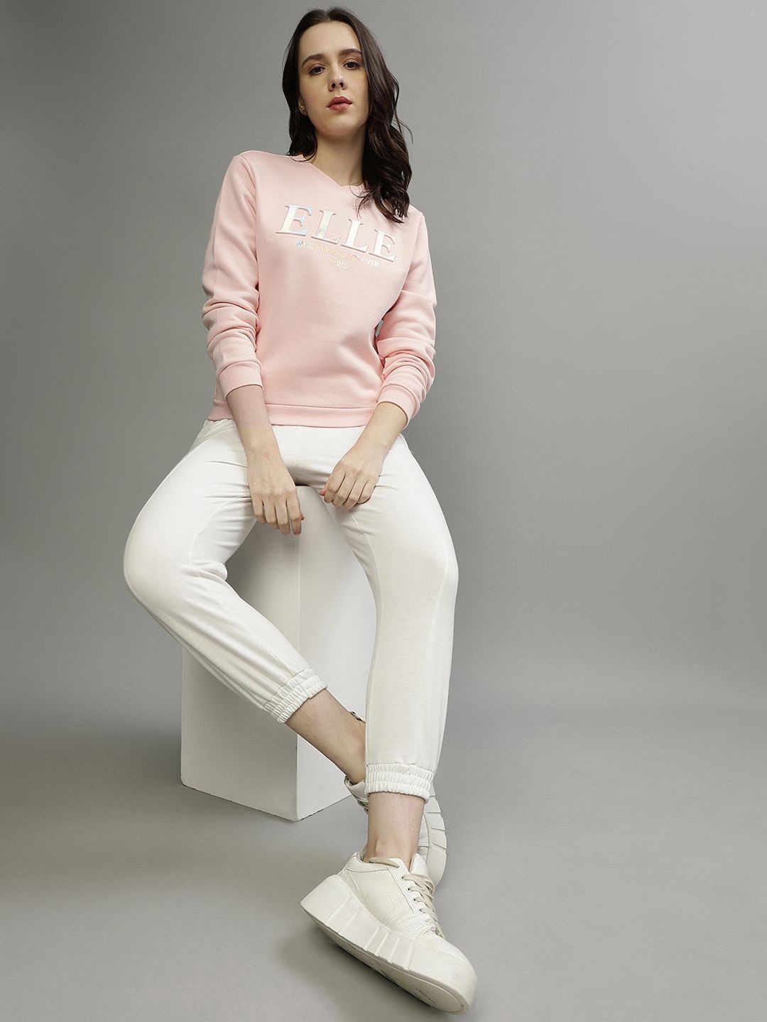

ELLE Women Typography Printed Round Neck Cotton Pullover Sweatshirt, Pink