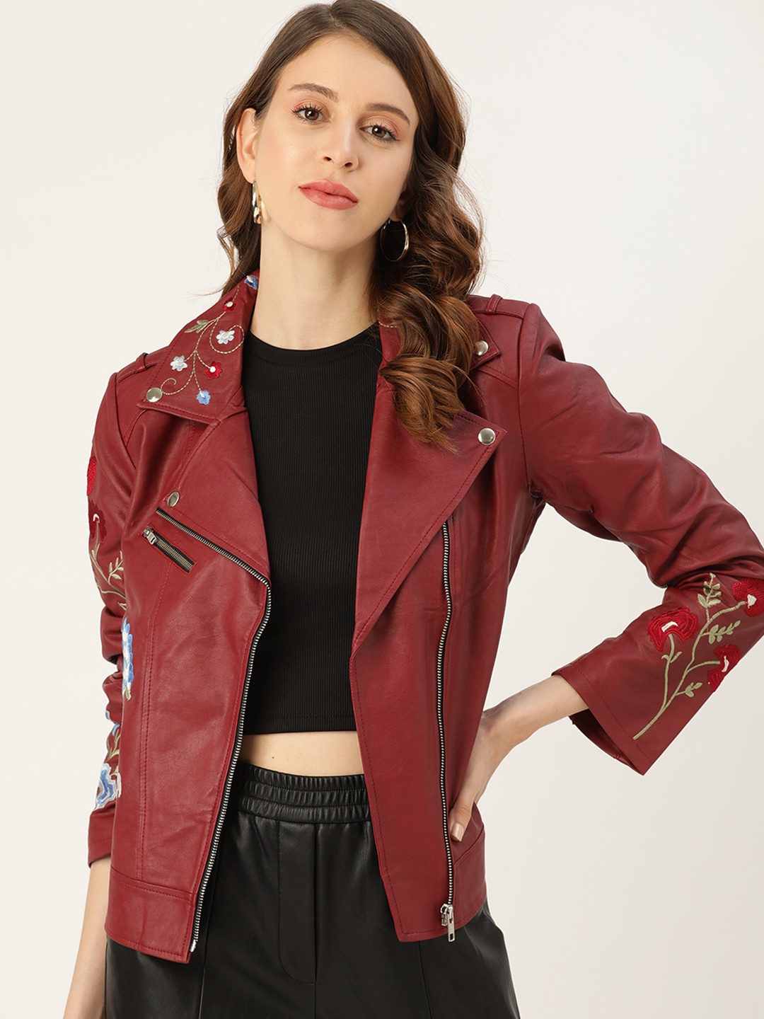

Leather Retail Women Lapel Collar Floral Printed PU Casual Biker Jacket, Maroon