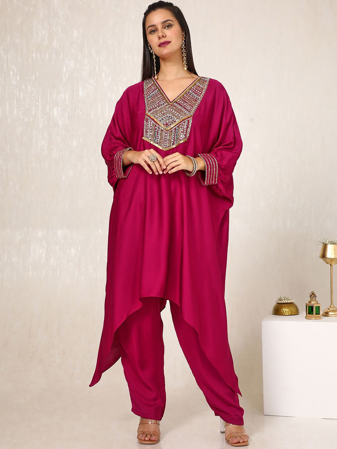 

Soch V-Neck Three-Quarter Sleeves Mirror Work Kaftan Kurta With Trouser, Burgundy