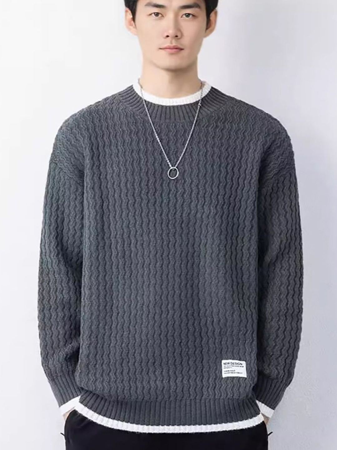 

StyleCast x Revolte Men Cable Knit Round Neck Sweater, Grey