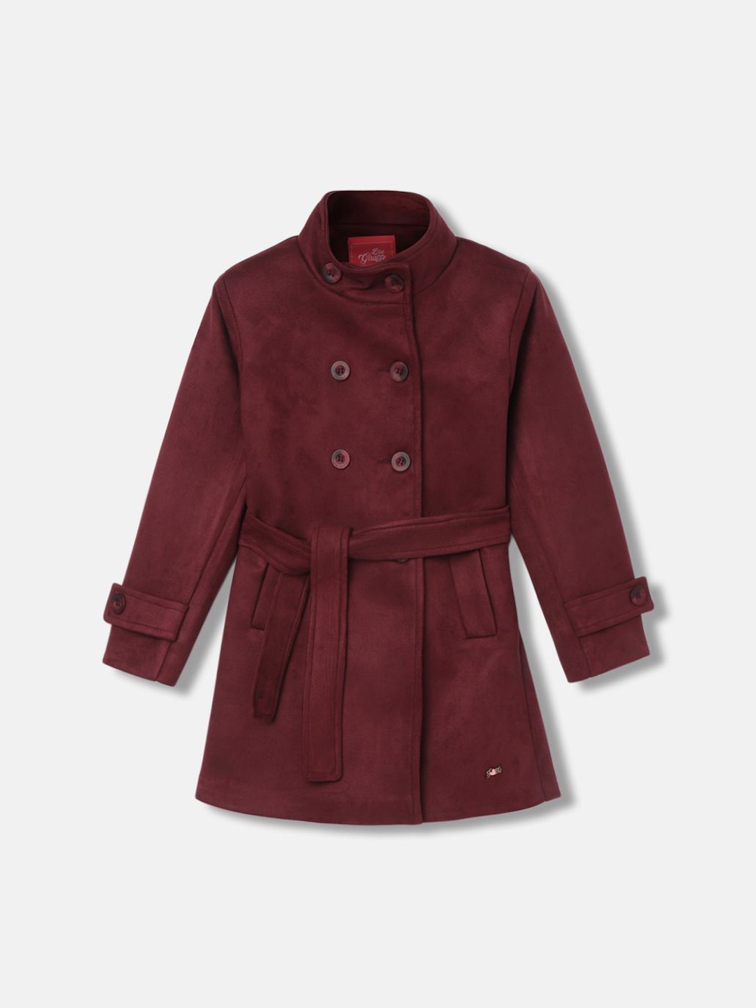 

Blue Giraffe Girls Stand Collar Full Sleeves Double Breasted Overcoat, Red