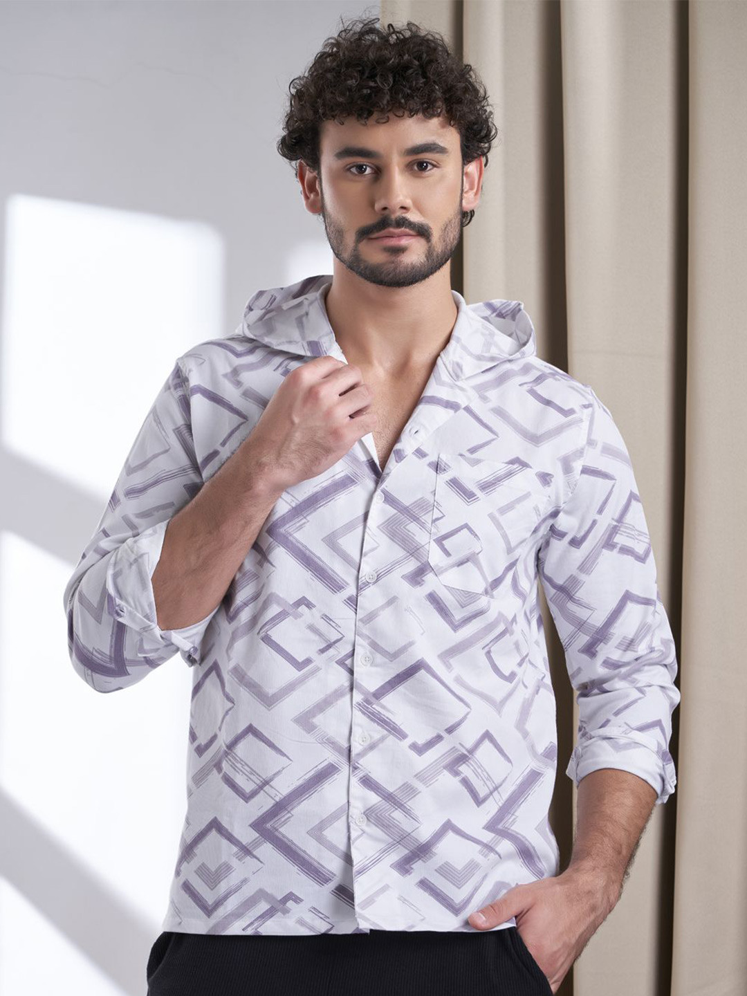 

VALEN CLUB Men Premium Hood Abstract Printed Casual Shirt, Off white