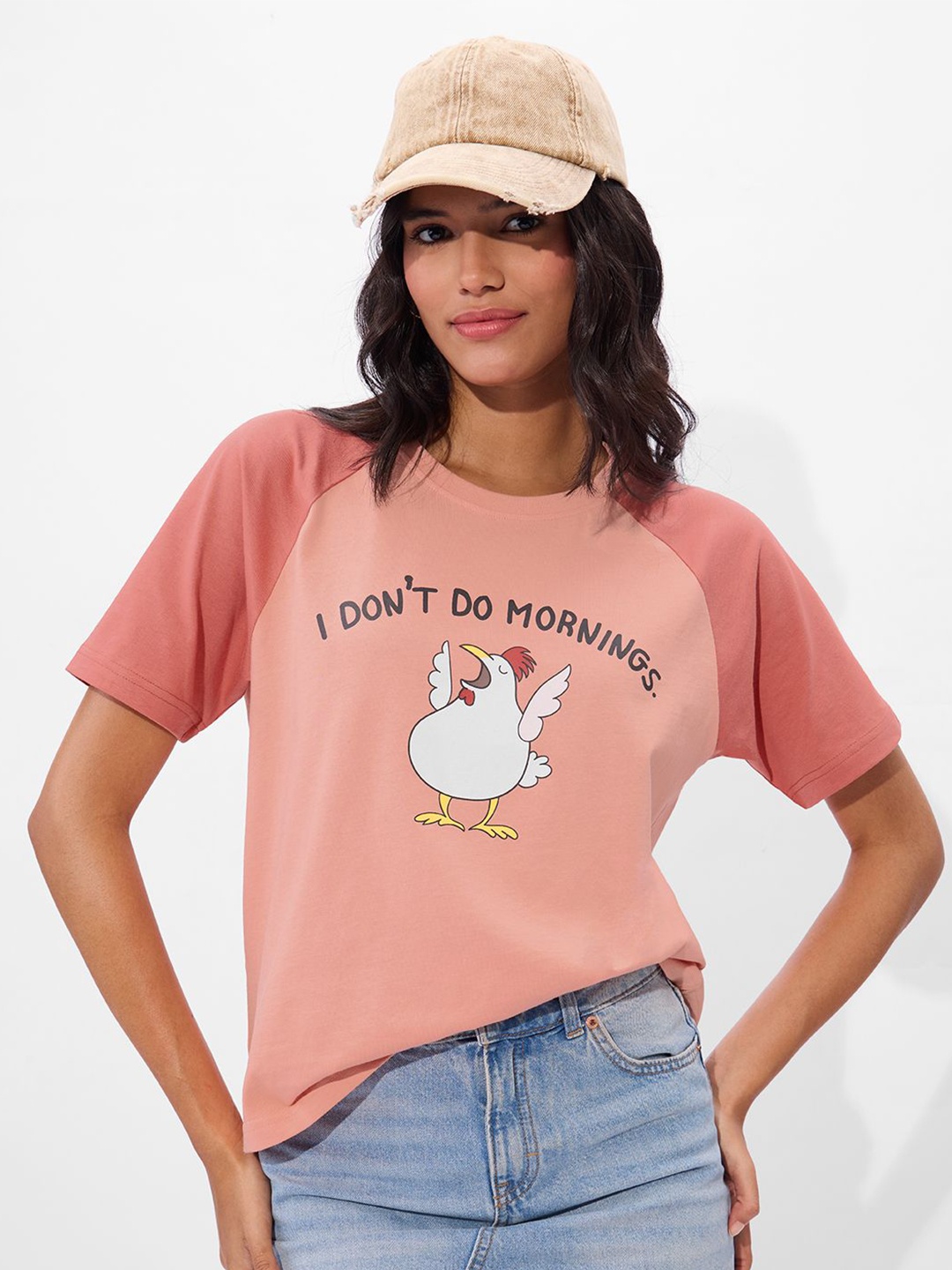 

The Souled Store Women Graphic Printed Round Neck Cotton Relaxed Fit T-shirt, Pink
