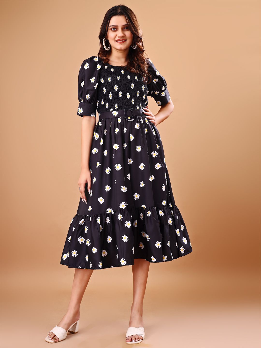

SHINISHA Women Floral Printed Smocked Fit & Flare Midi Dress.Comes with a belt, Black