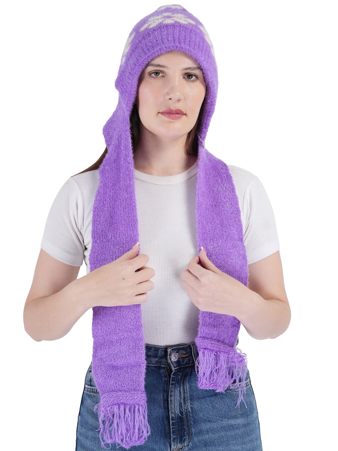 

TEEMOODS Women Wollen Cap with attached Muffler, Purple