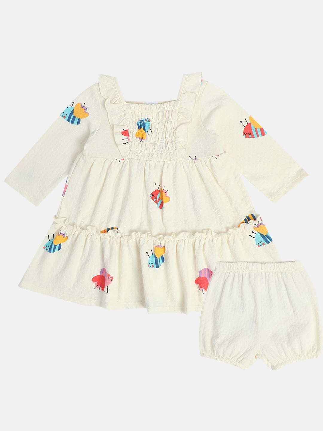 

MINI KLUB Girls Cotton Printed Fit & Flare Dress, Off white