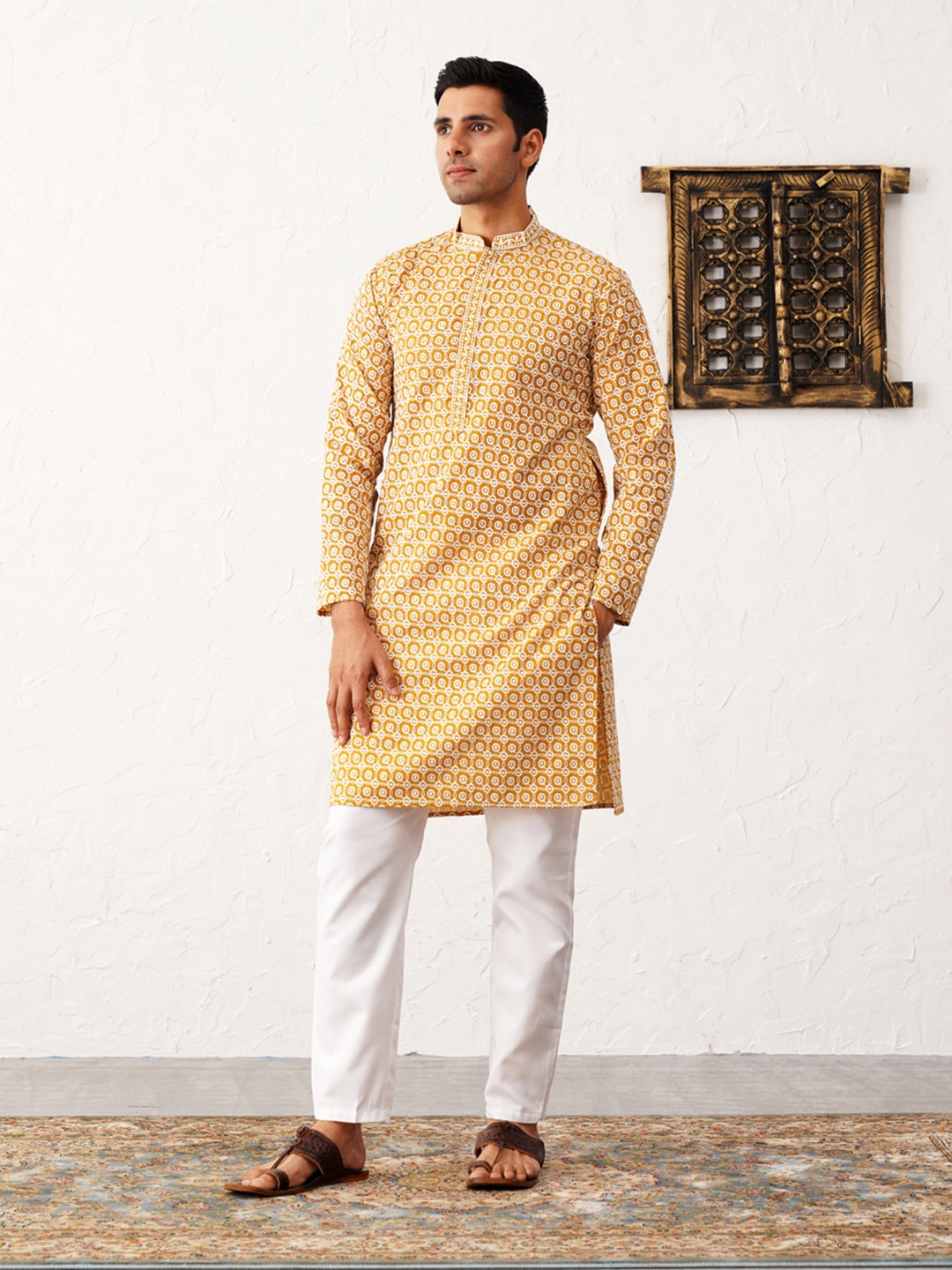 

Jompers Floral Embroidered Chikankari Mandarin Collar Kurta With Trousers, Mustard