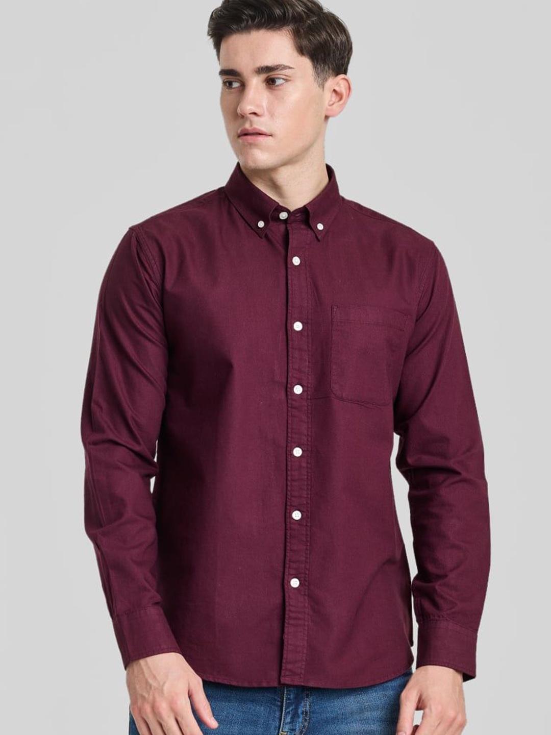 

Snitch Men Smart Button-Down Collar Solid Cotton Slim Fit Casual Shirt, Maroon