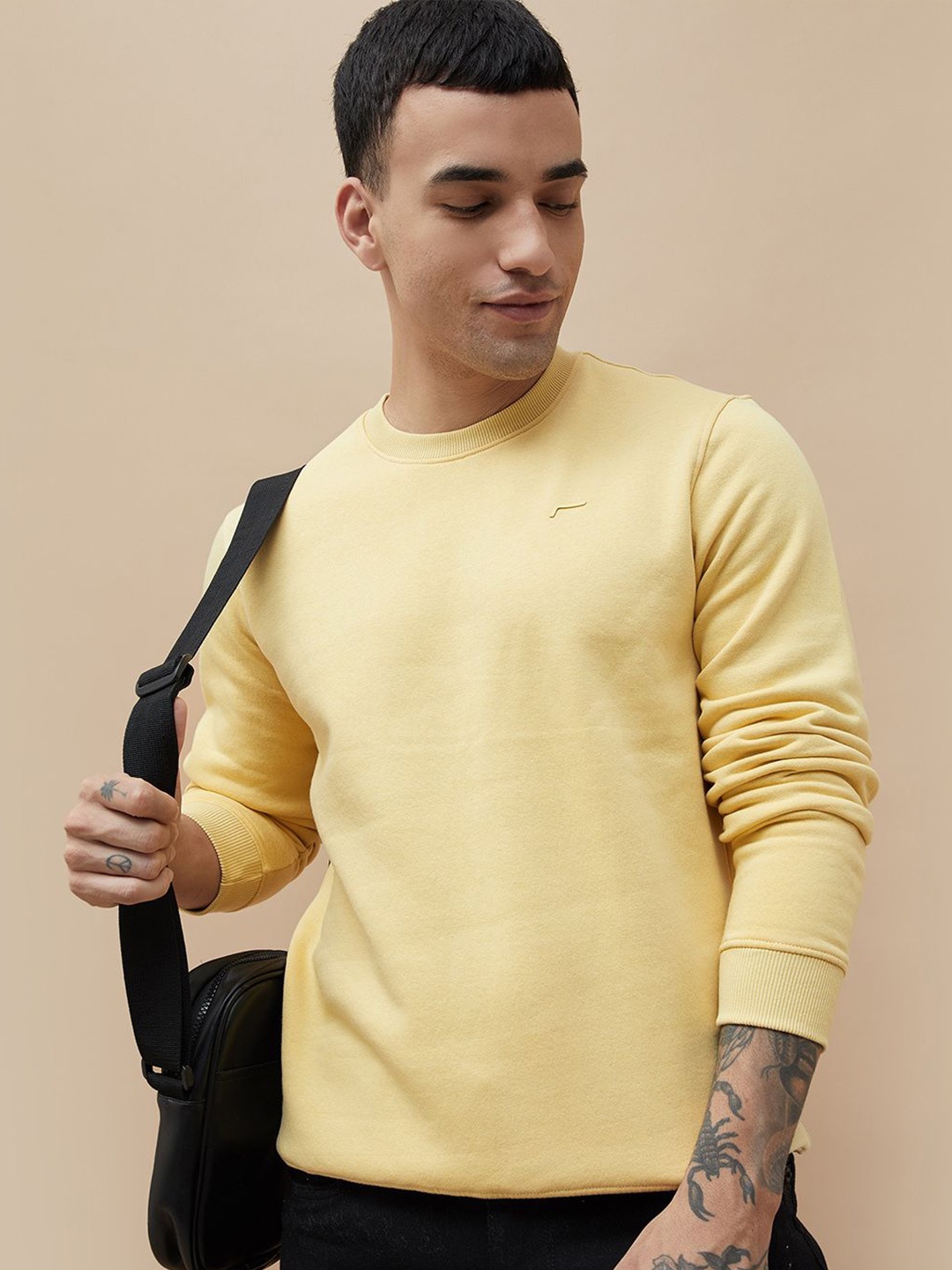

Fame Forever by Lifestyle Men Solid Round Neck Cotton Pullover Ribbed Sweatshirt, Yellow