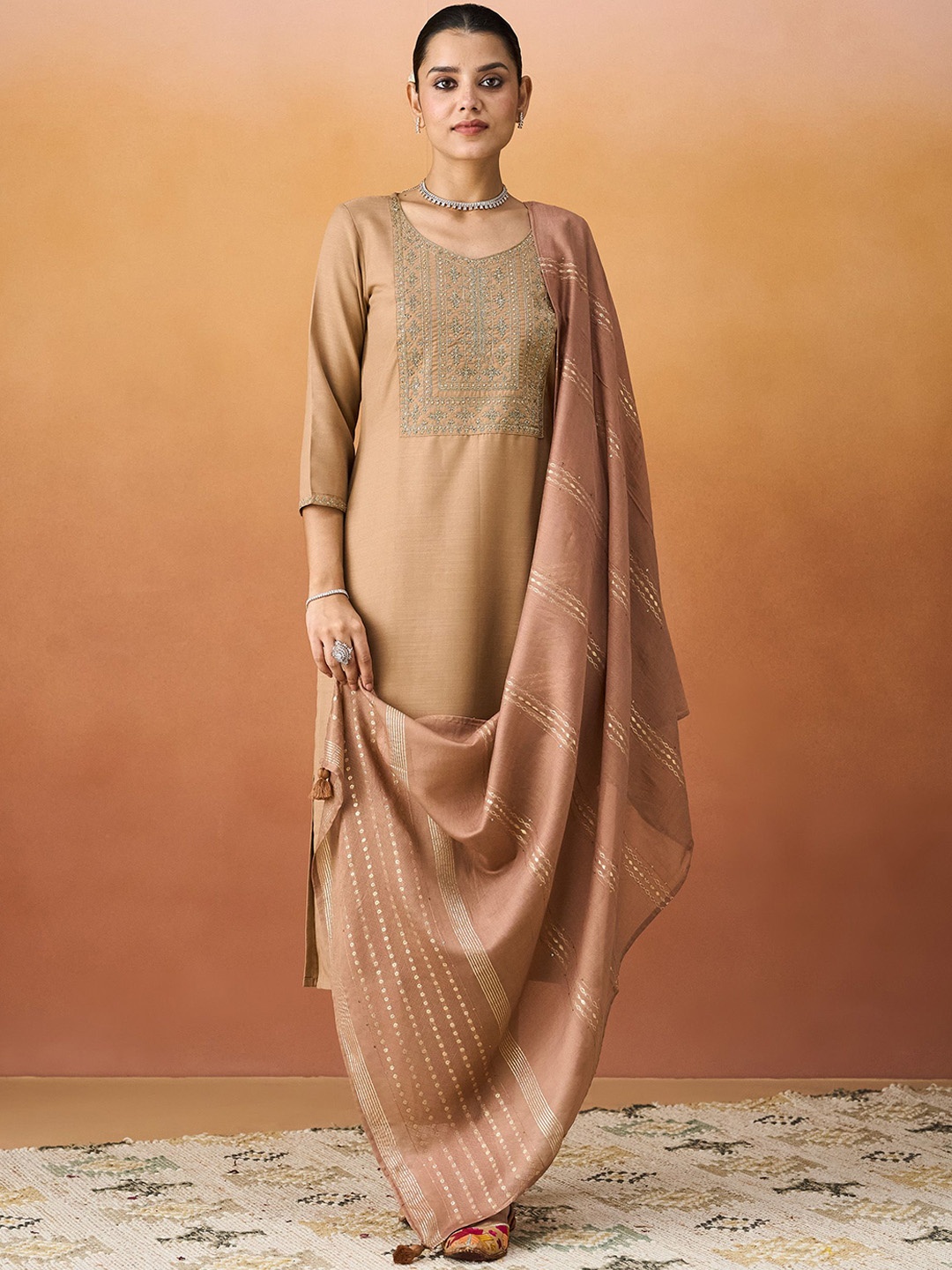 

HRITIKA Ethnic Motifs Embroidered Regular Kurta With Trouser With Dupatta, Beige