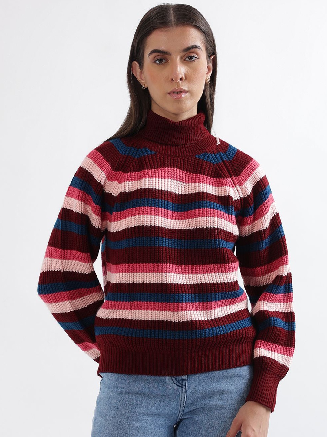 

ELLE Women Striped Turtle Neck Pullover Sweater, Maroon