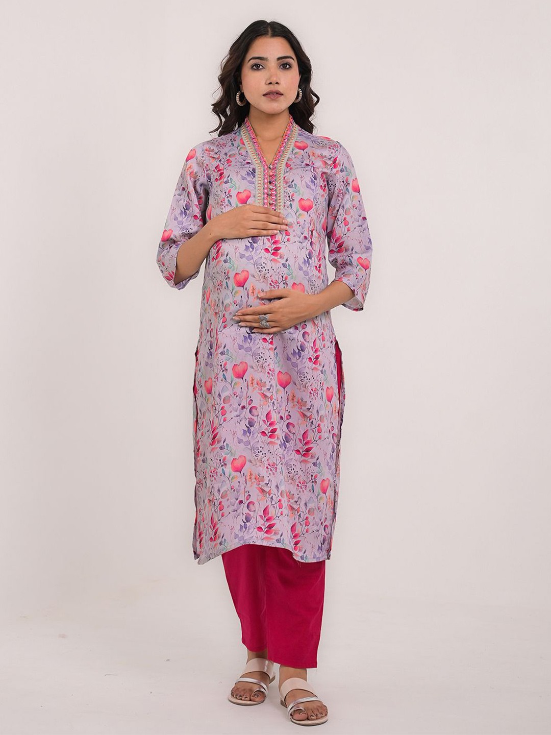 

mumzhug Women Floral Printed Silk Kurta For Feeding And Maternity Purpose, Grey