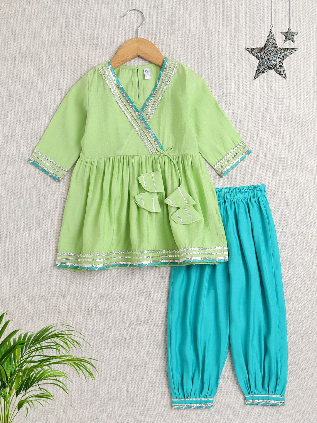 

The Magic Wand Girls Gotta Patti Angrakha A-Line Kurta with Salwar, Green