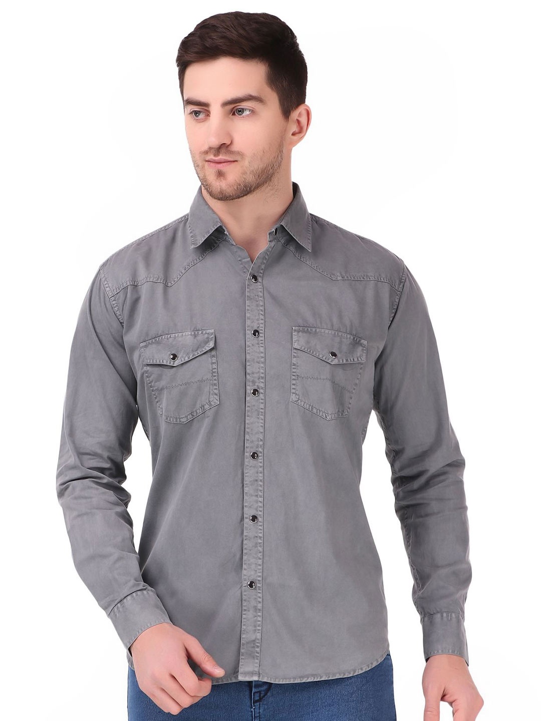 

DESIGN UP Men Classic Spread Collar Solid Cotton Slim Fit Casual Shirt, Grey
