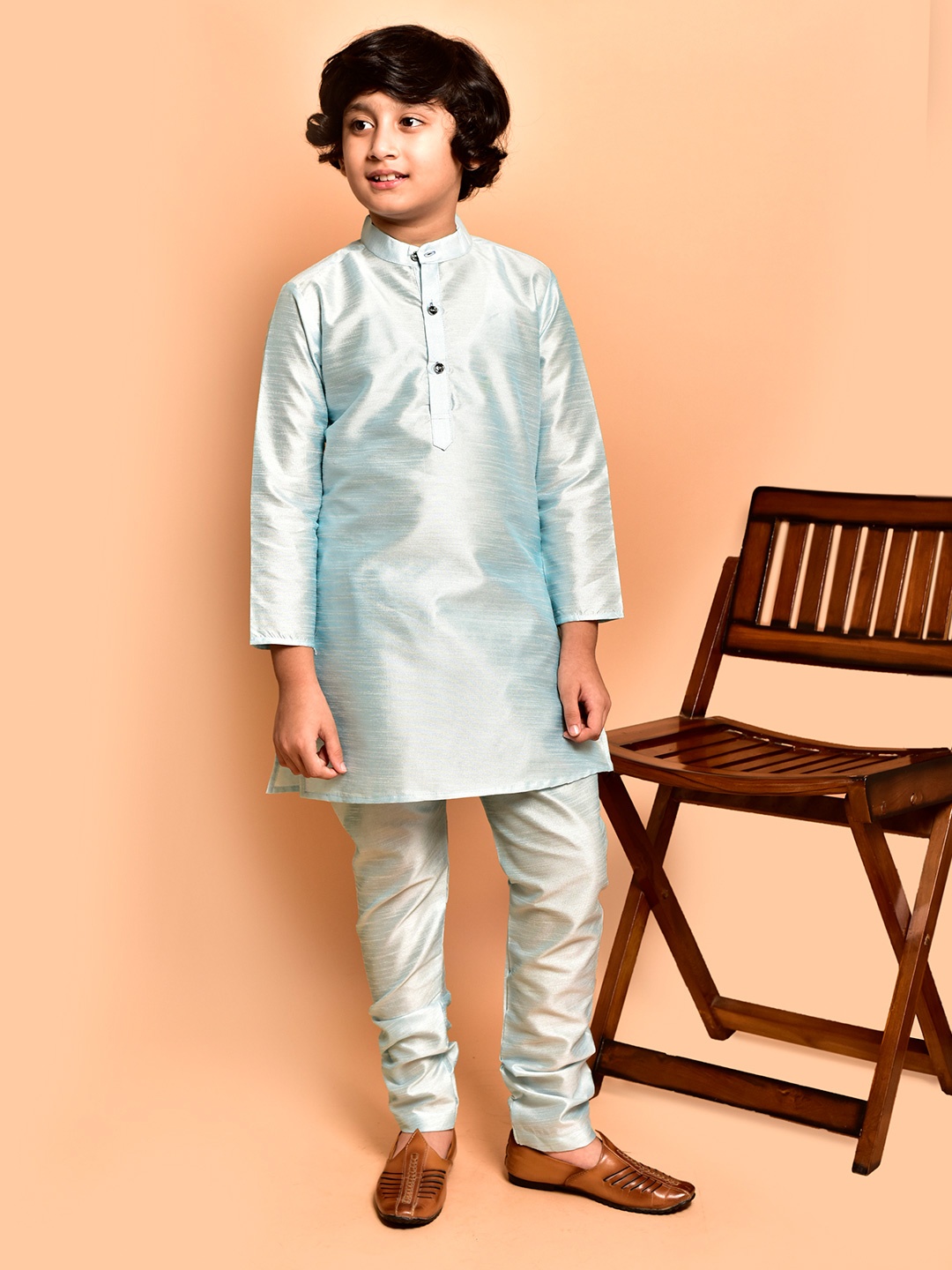 

PRINTCULTR Boys Mandarin Collar Straight Kurta With Churidar, Blue