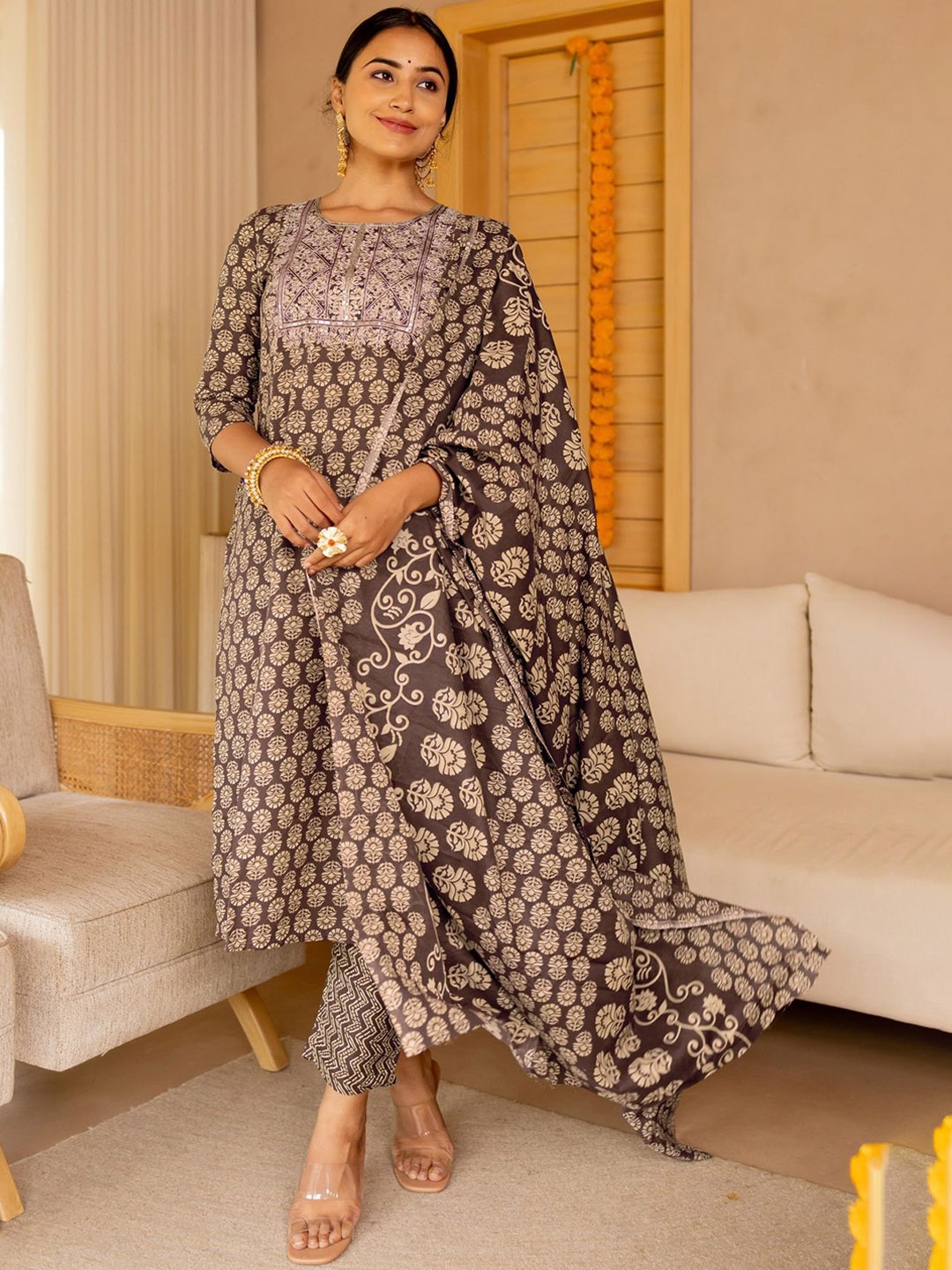 

KALINI Floral Printed Kurta With Trousers & Dupatta, Coffee brown