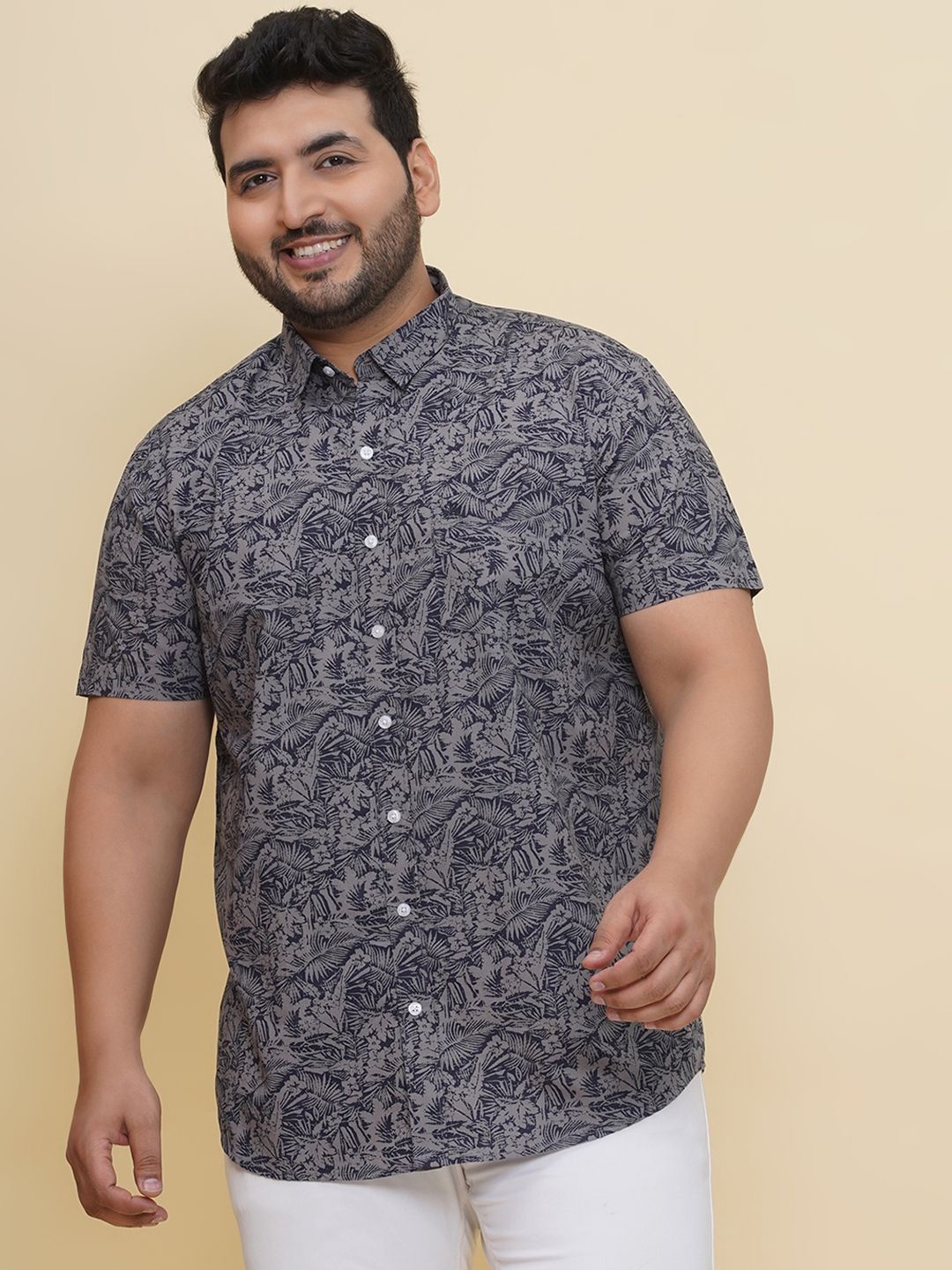 

John Pride Men Spread Collar Floral Printed Cotton Casual Plus Size Shirt, Grey