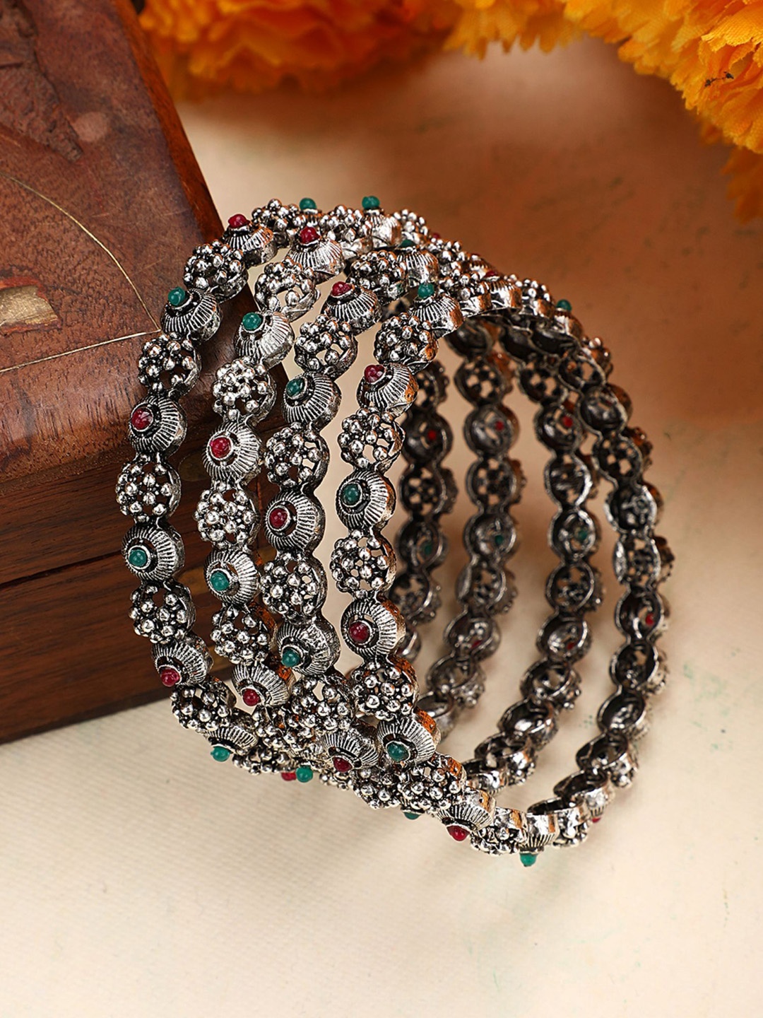 

ANIKAS CREATION Set Of 4 Silver-Plated Stone Studded Bangles
