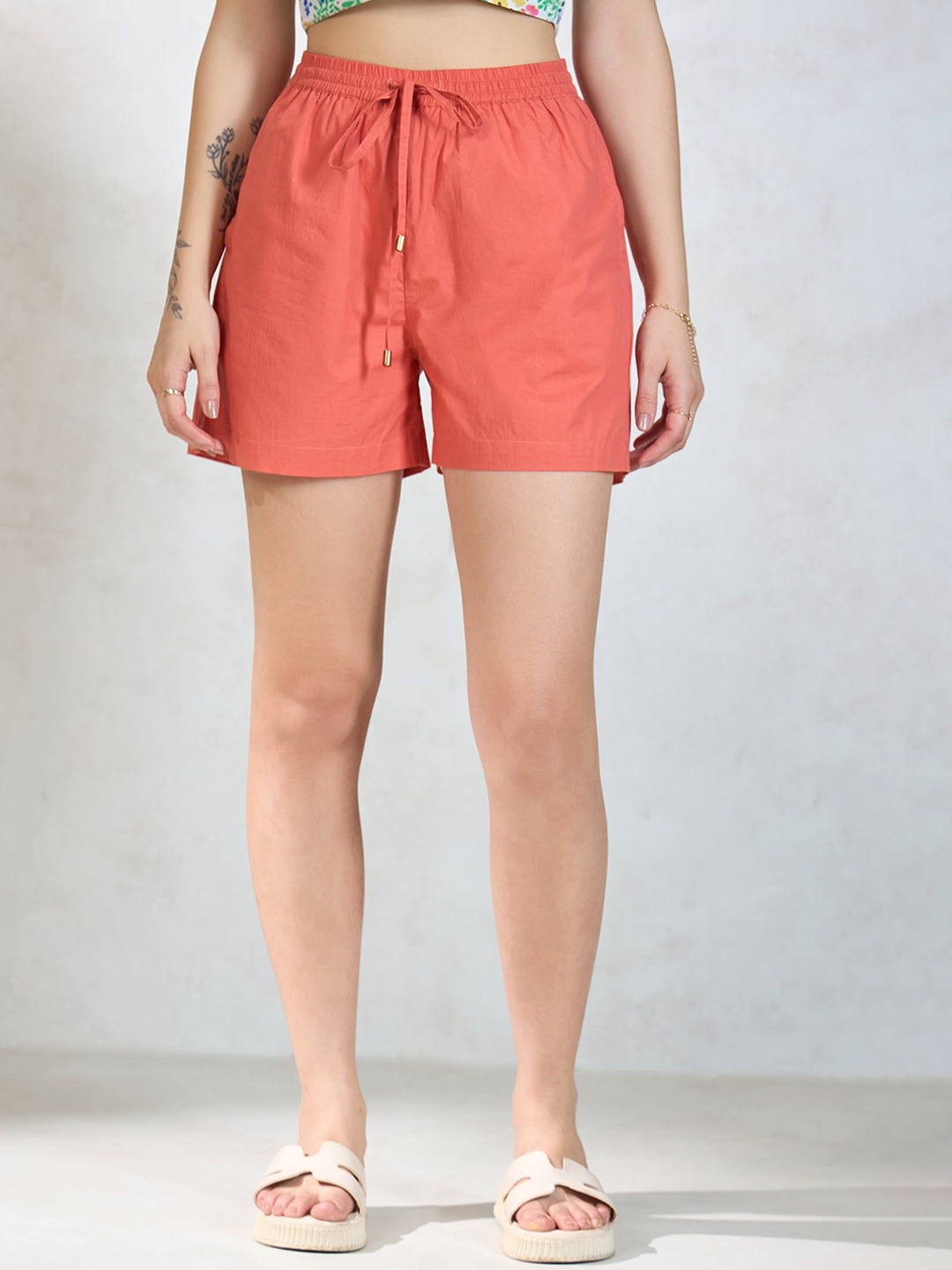 

Virgio Women Solid Pure Cotton High-Rise Mini Shorts, Orange