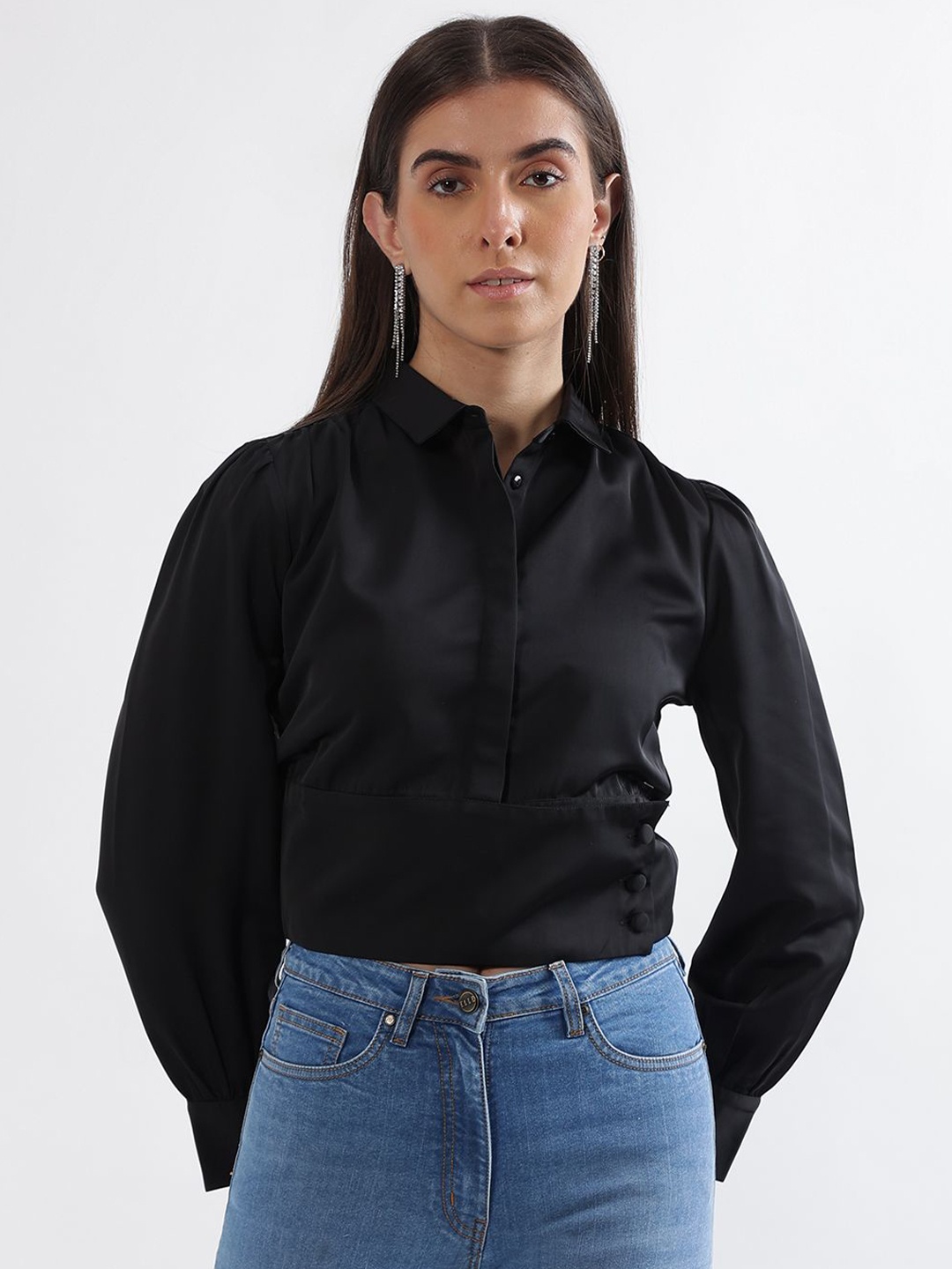

ELLE Women Spread Collar Solid Relaxed Fit Casual Shirt, Black