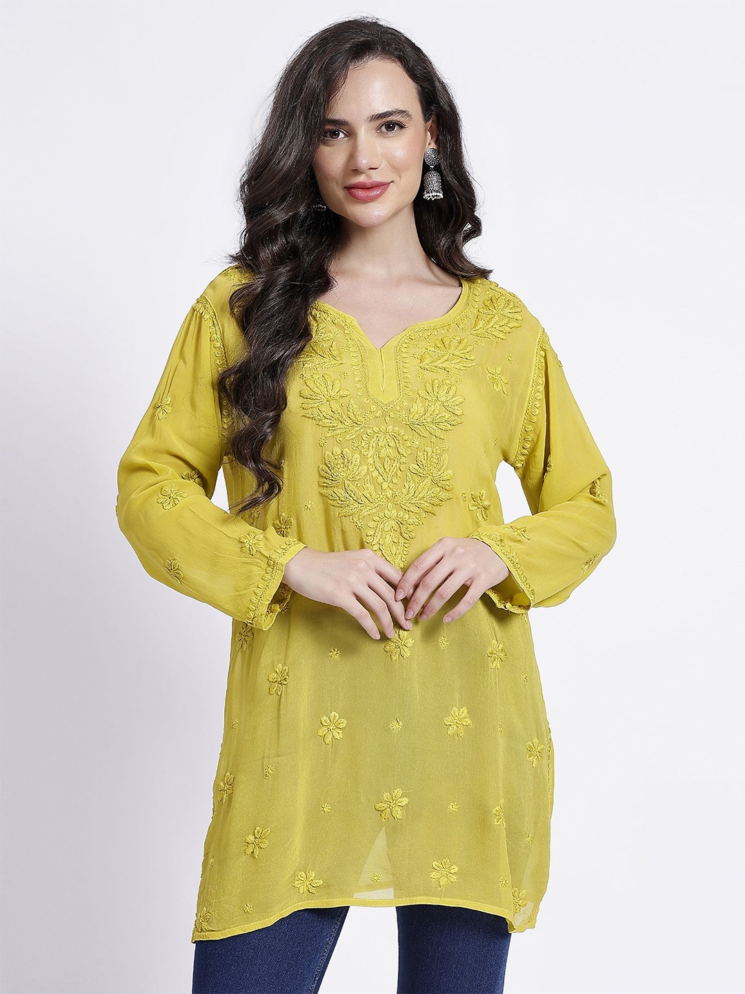 

NAZAQAT ETHNIC INDIA Floral Embroidered Chikankari Pure Georgette Handloom Chikankari Kurti, Yellow