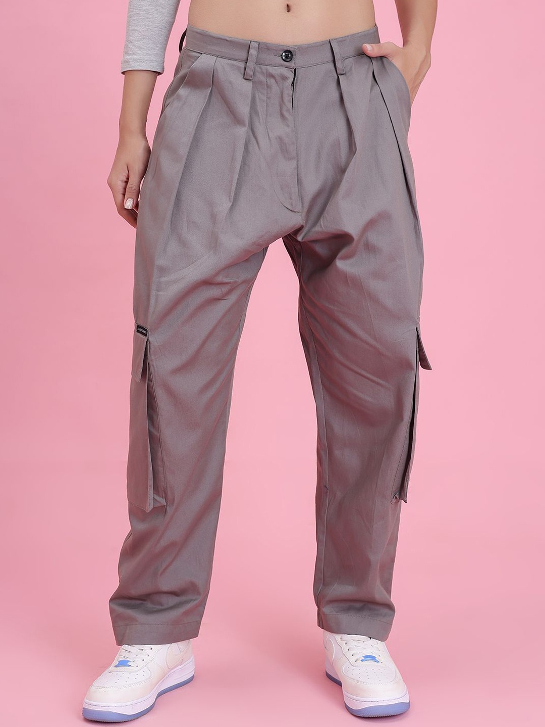 

Lounge Dreams Women Relaxed Loose Fit Pure Cotton Cargos Trousers, Grey