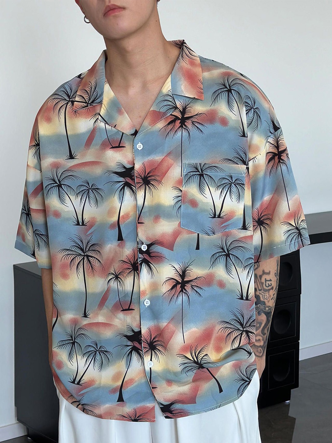 

StyleCast Men Cuban Collar Floral Printed Relaxed Fit Casual Shirt, Blue