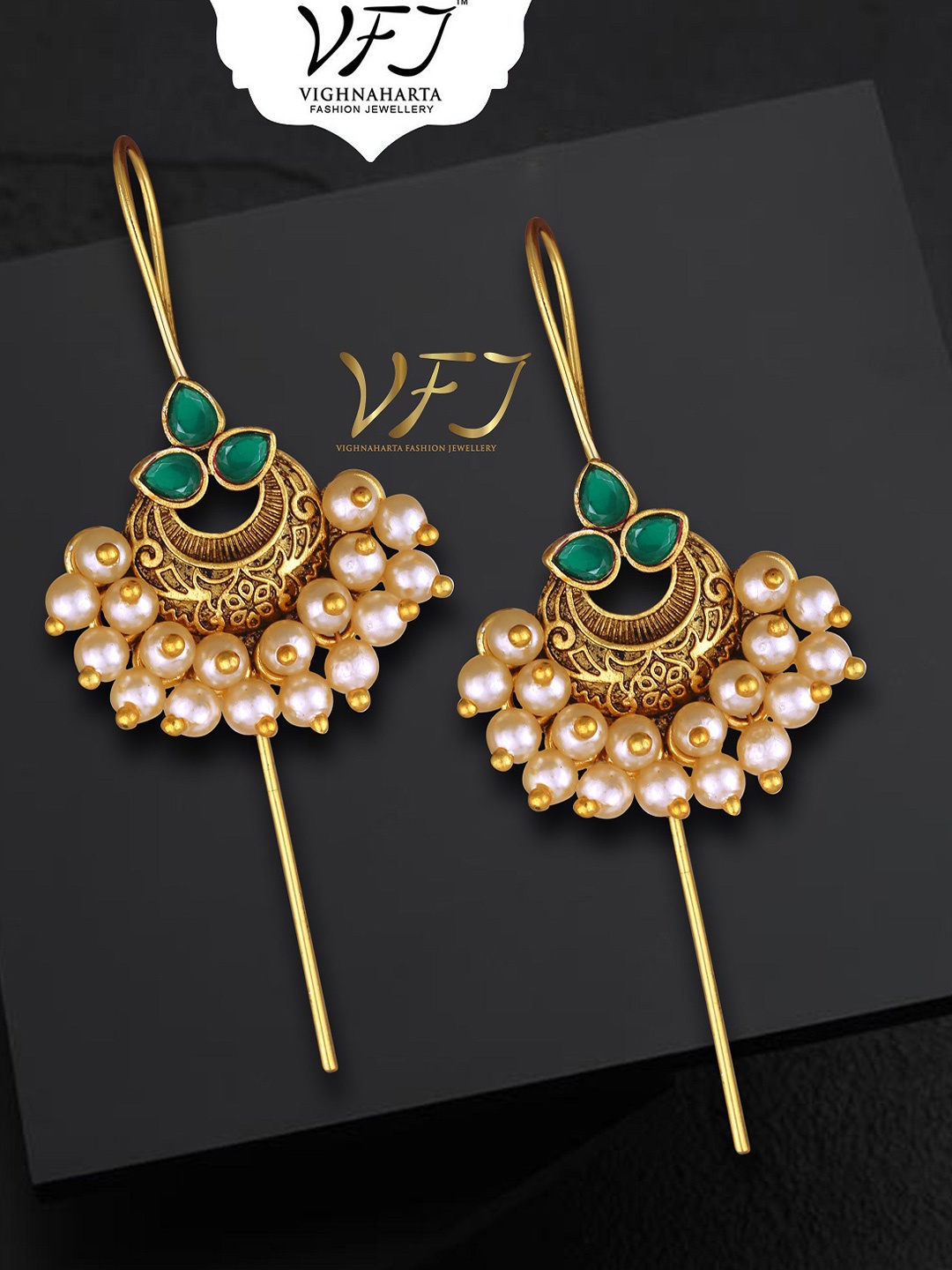 

Vighnaharta Gold-Plated Pearls Studded Floral Chandelier Ear Cuff Earrings, Green