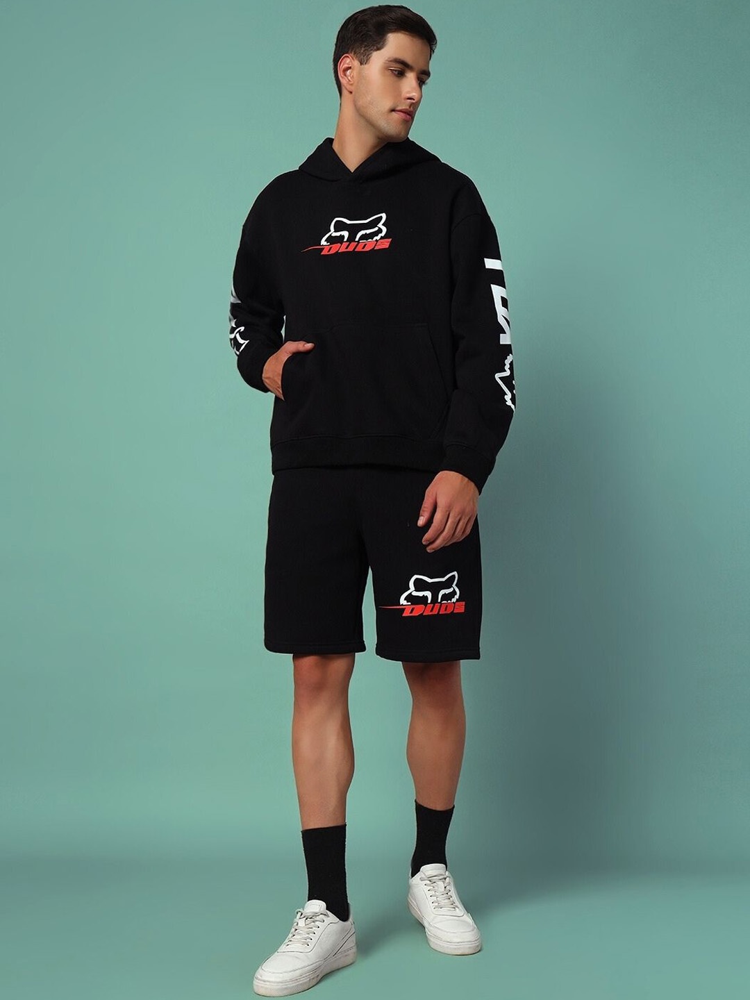 

WEARDUDS Printed Hooded Long Sleeves Sweatshirt With Shorts, Black