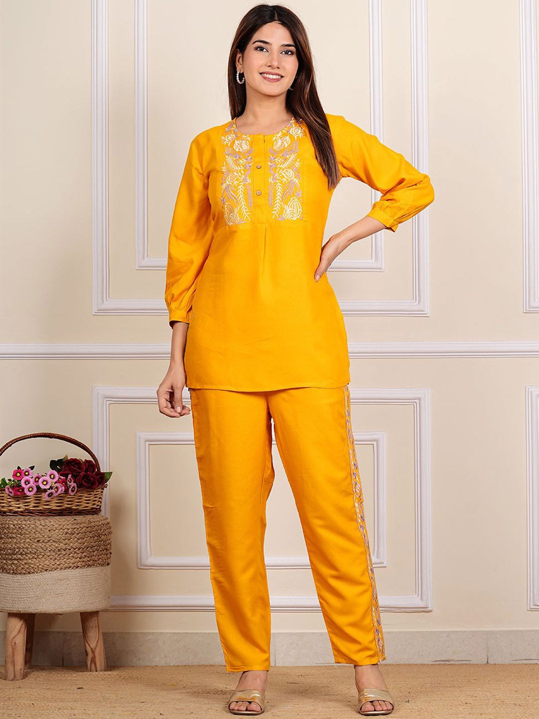 

HEBA Embroidered Top With Trousers Co-Ords, Mustard