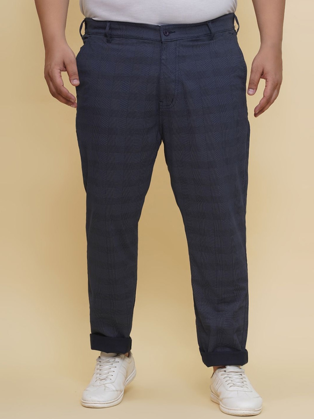 

John Pride Men Plus Size Checked Cotton Mid-Rise Regular Trousers, Blue