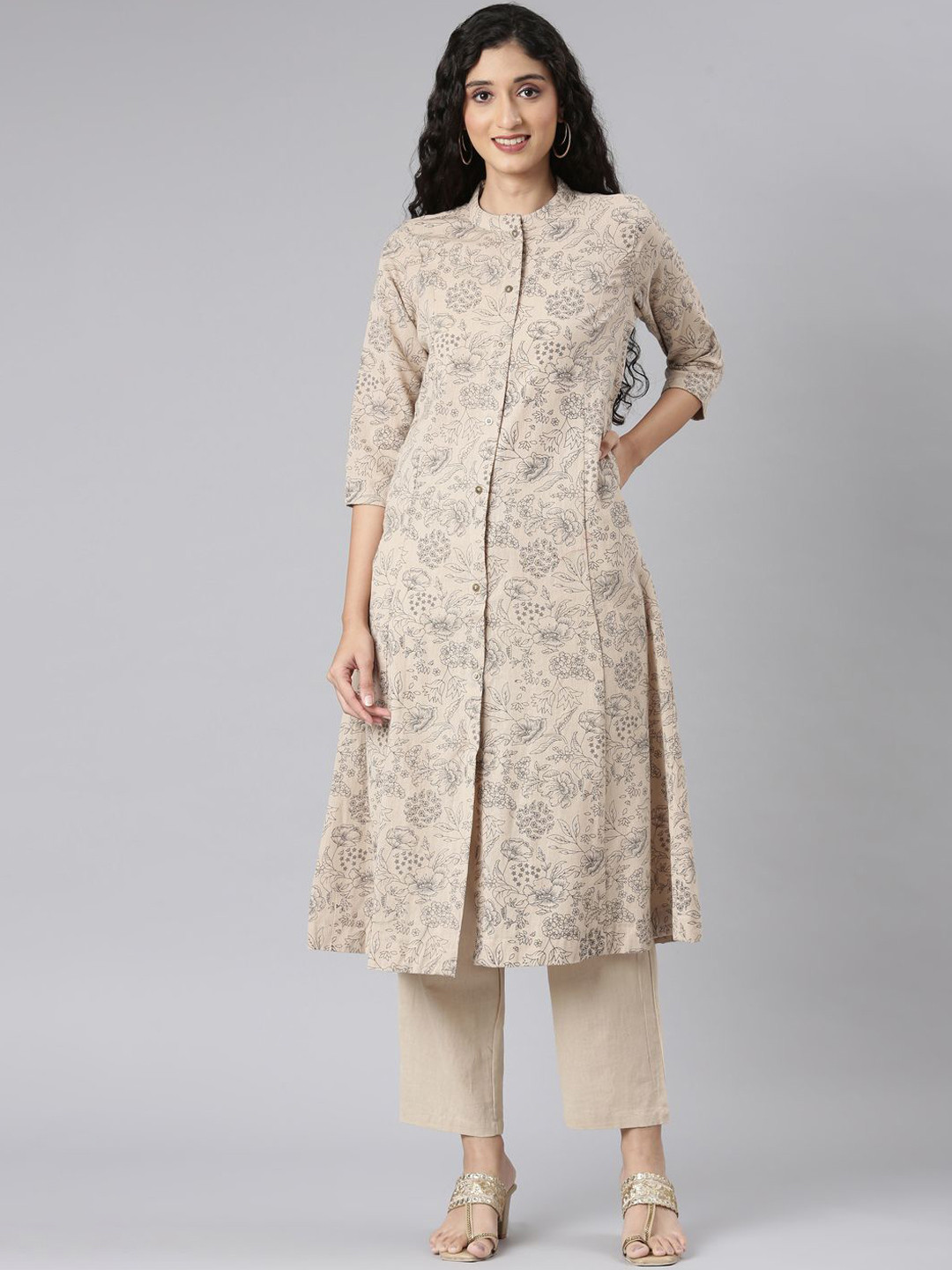

Neerus Floral Printed Mandarin Collar Linen Straight Kurta With Trouser, Beige