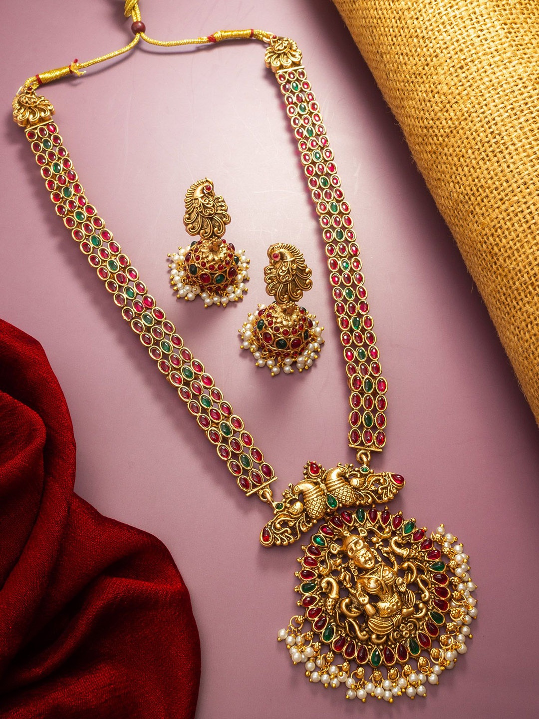 

aadita Gold-Plated Temple Choker Jewellery Set