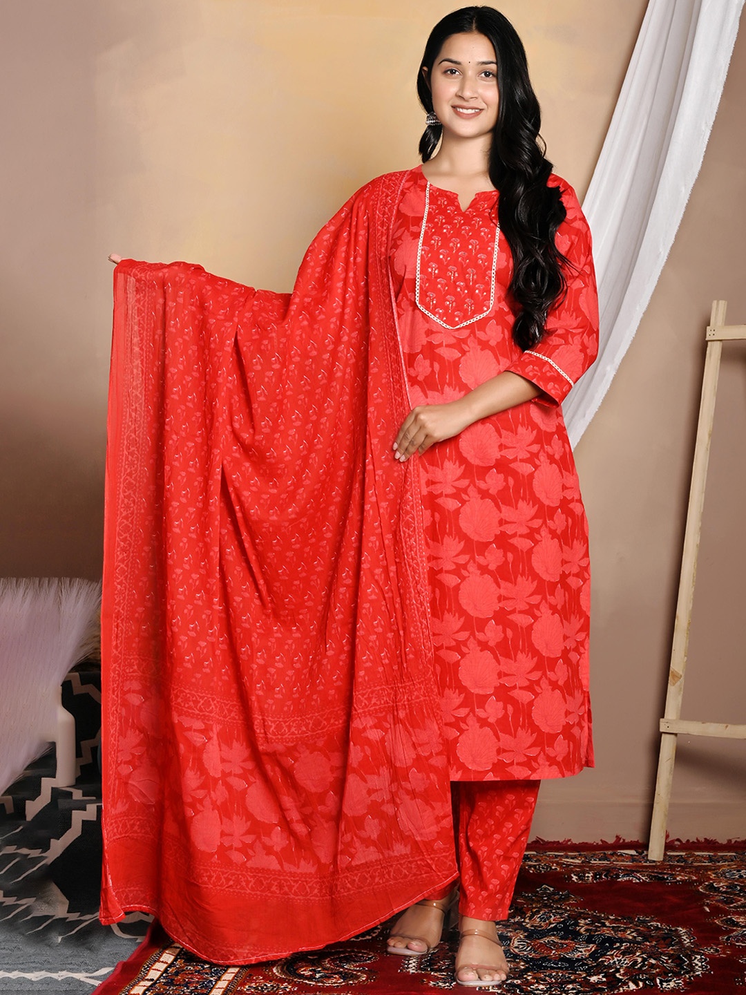 

Moktika Floral Printed Mirror Work Pure Cotton Kurta with Trouser & Dupatta, Red
