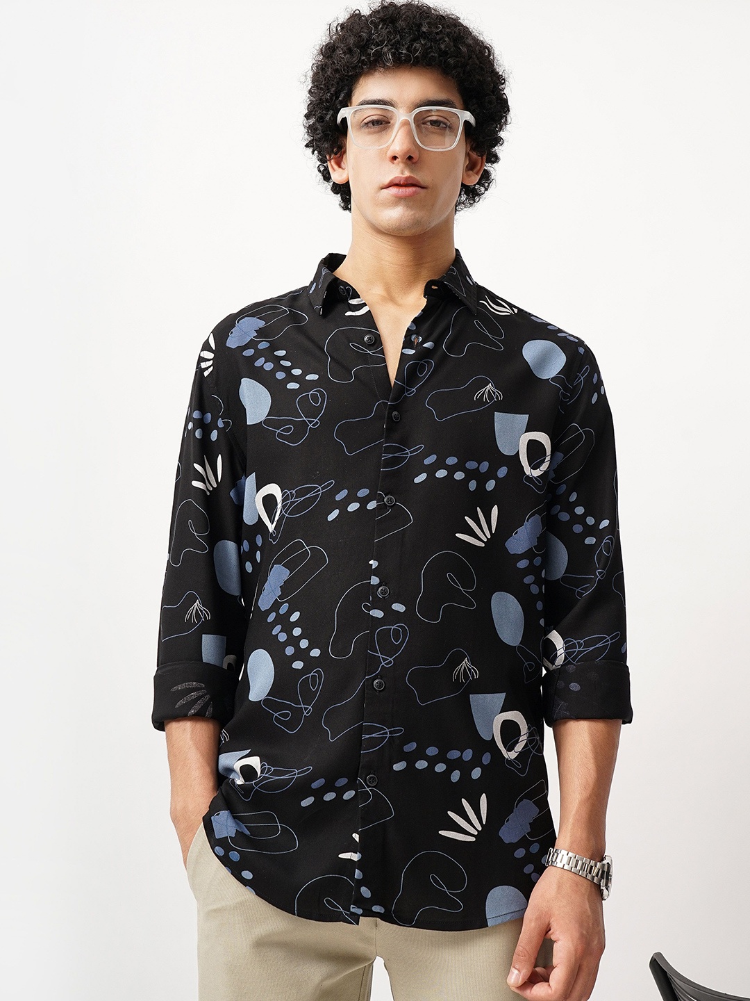 

British Club Men Comfort Spread Collar Abstract Printed Slim Fit Casual Shirt, Black