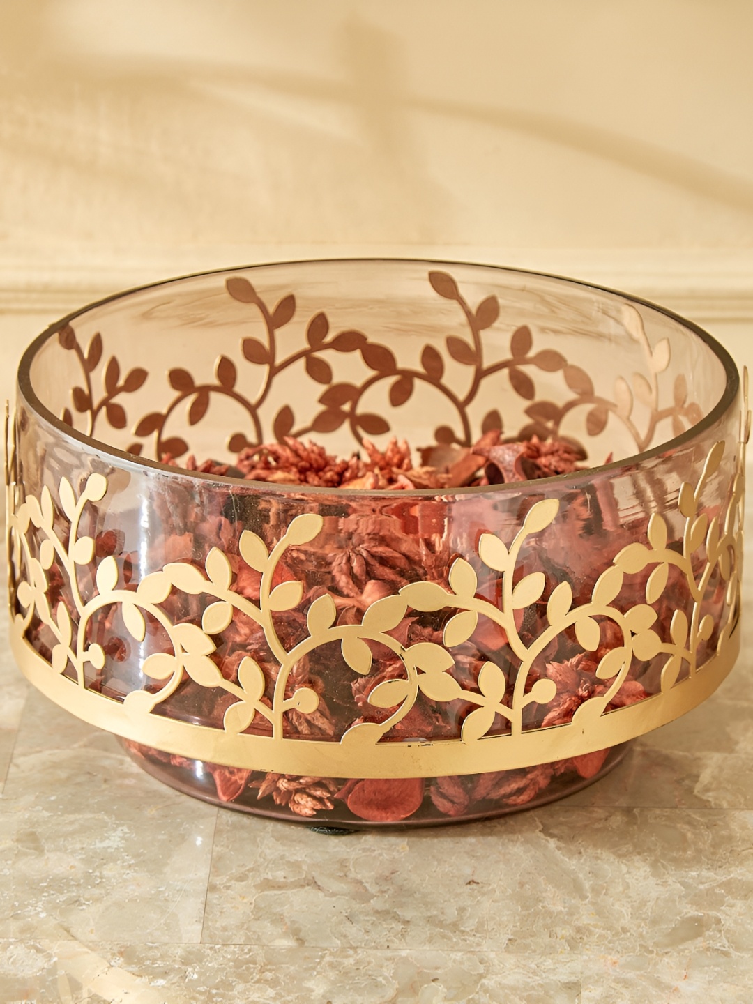 

Home Centre Wables Iris Transparent & Gold-Toned Floral Printed Glass Decorative Bowls