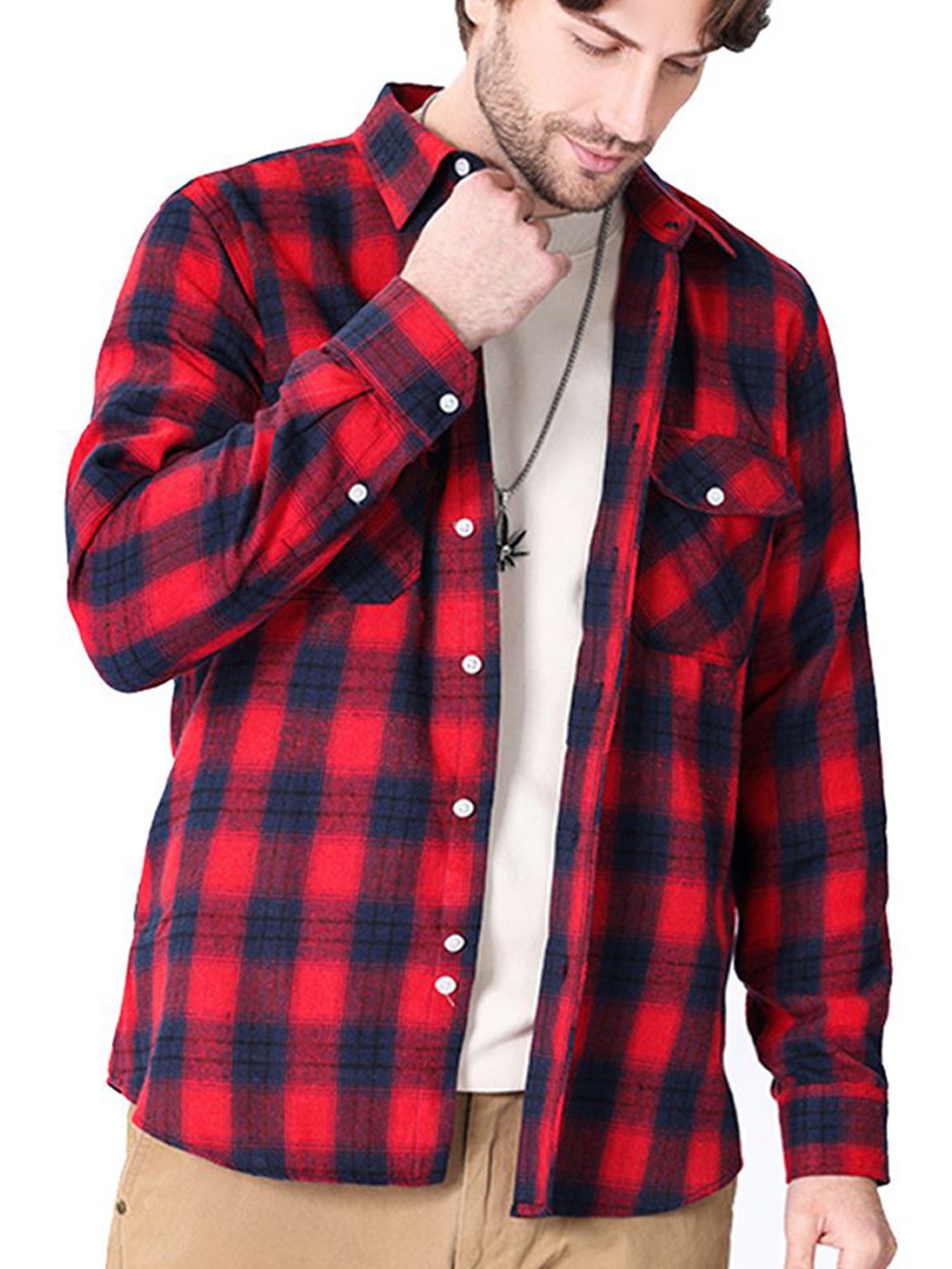 

StyleCast x Revolte Men Buffalo Checks Opaque Checked Casual Shirt, Red