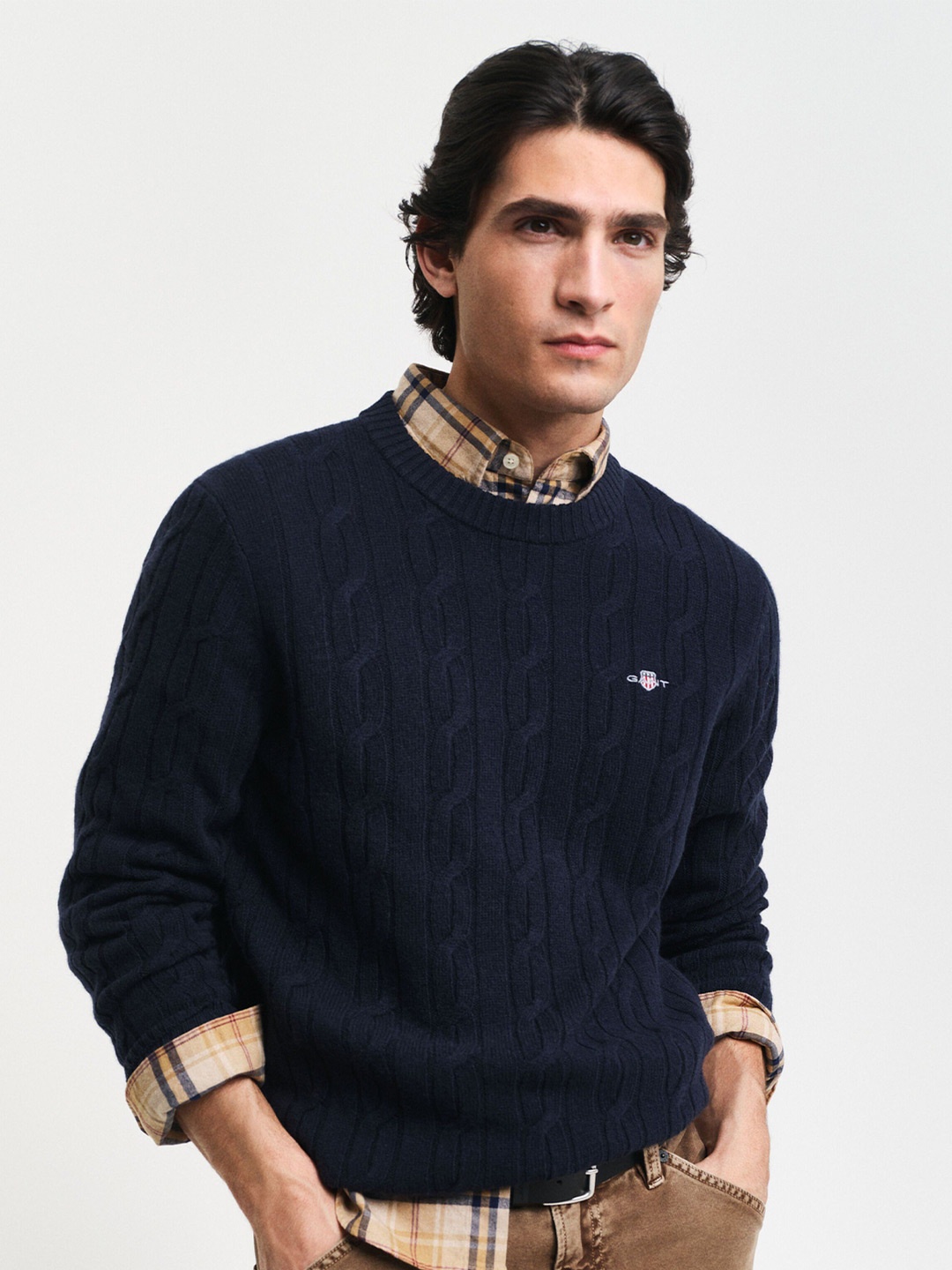 

GANT Men Cable Knit Round Neck Woollen Pullover Sweater, Navy blue