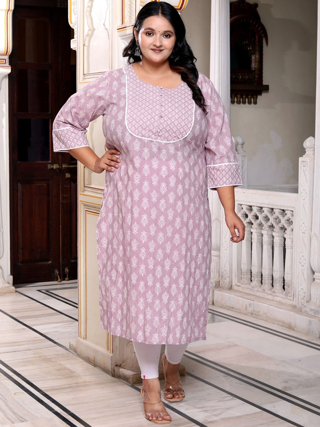 

KALINI Floral Printed Regular Cotton Straight Kurta, Purple
