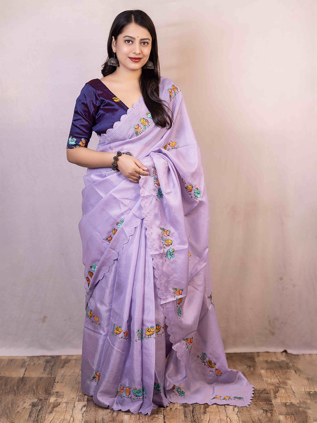 

STAVA CREATION Embroidered Jute Cotton Kota Saree, Lavender