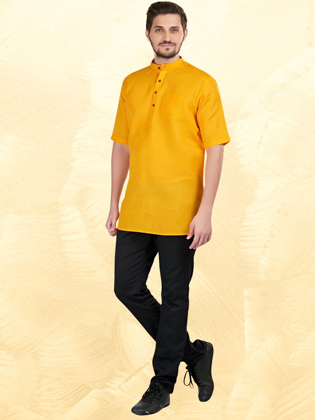 

ENCINO Band Collar Cotton Straight Kurta, Yellow