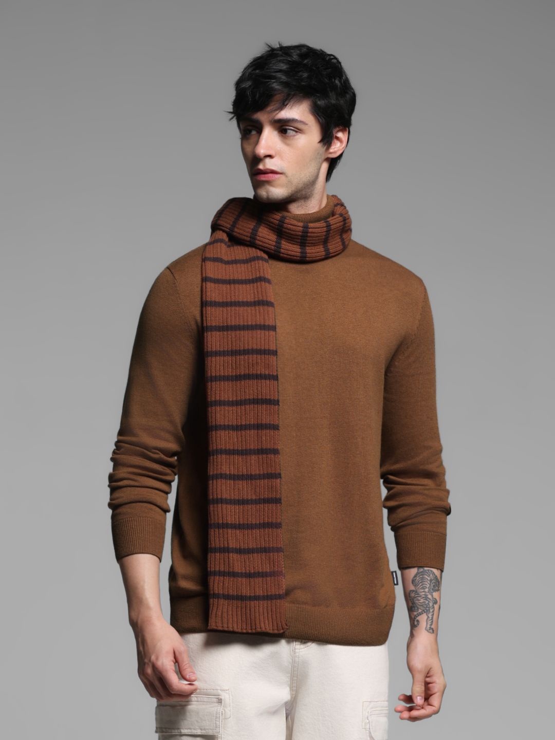 

Jack & Jones Men Solid Turtle Neck Pullover Casual Sweaters, Brown