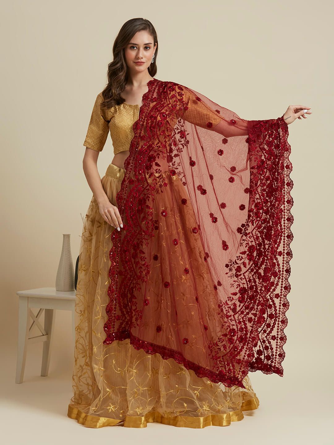

Dupatta Bazaar Floral Embroidered Sequinned Net Dupatta, Maroon