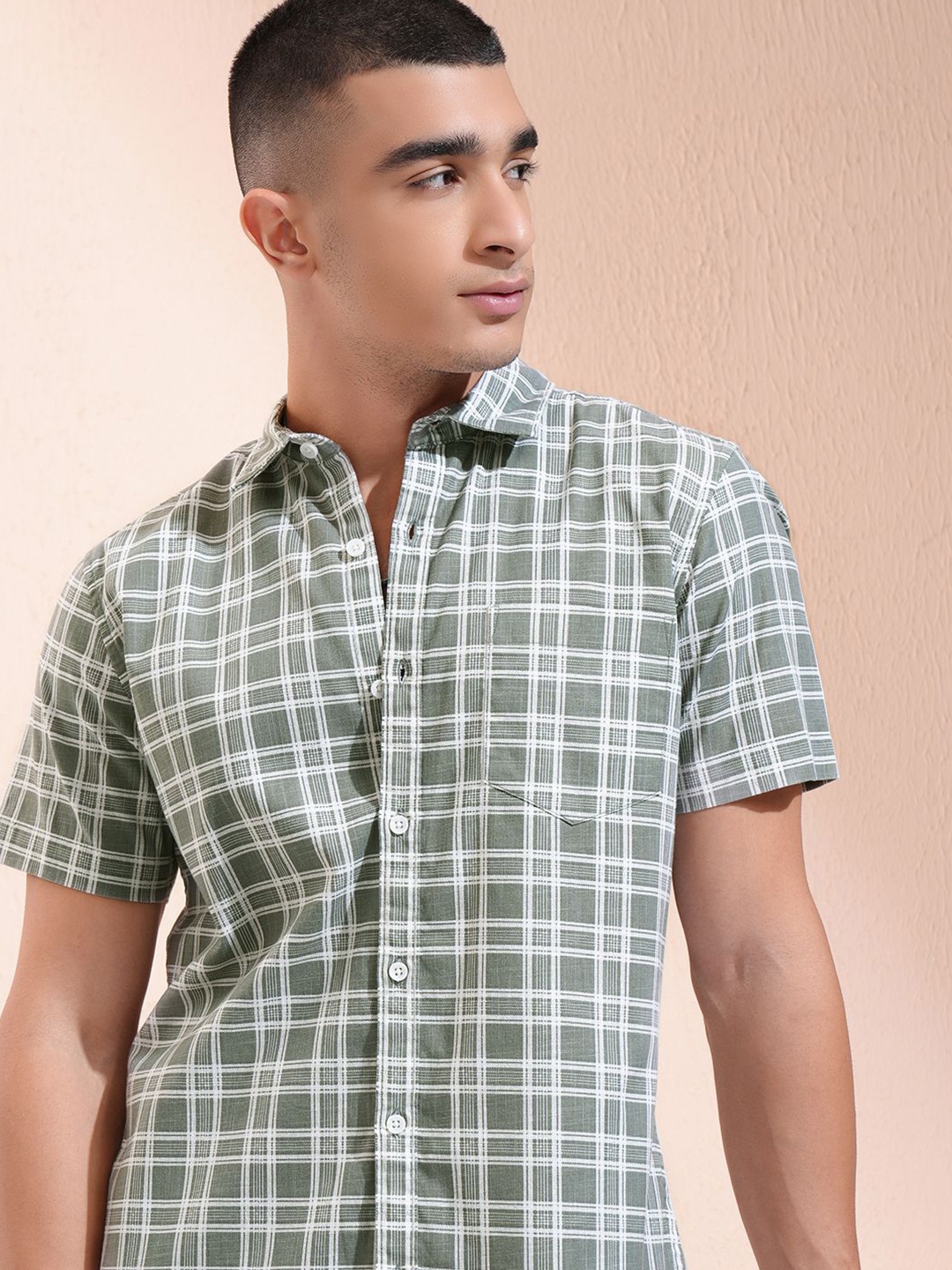 

Highlander Men Cotton Linen Printed Checked Casual Shirt, Grey