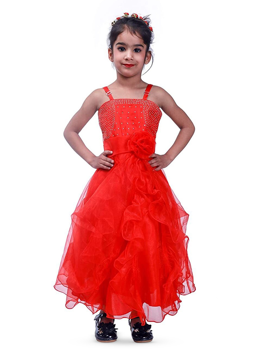 

Wish little Girls Net A-Line Party Wear Maxi Dress, Red